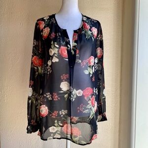 Joie tunic in black and pink floral silk chiffon with split neck detail Size M